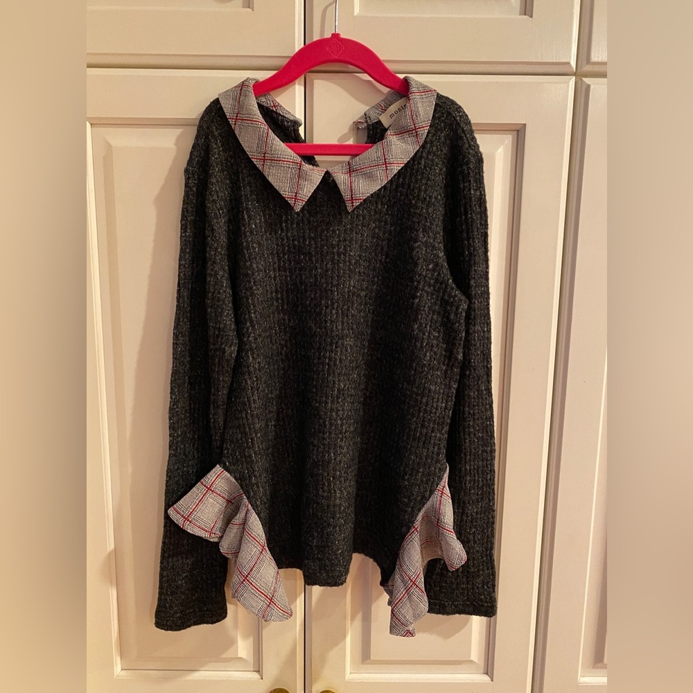 Monteau knit gray sweater Blouse collar ruffle women XS S